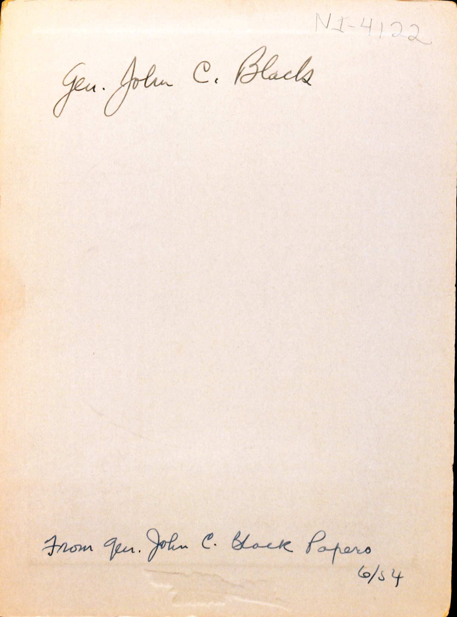 Back of a photo with the words Gen John C. Black