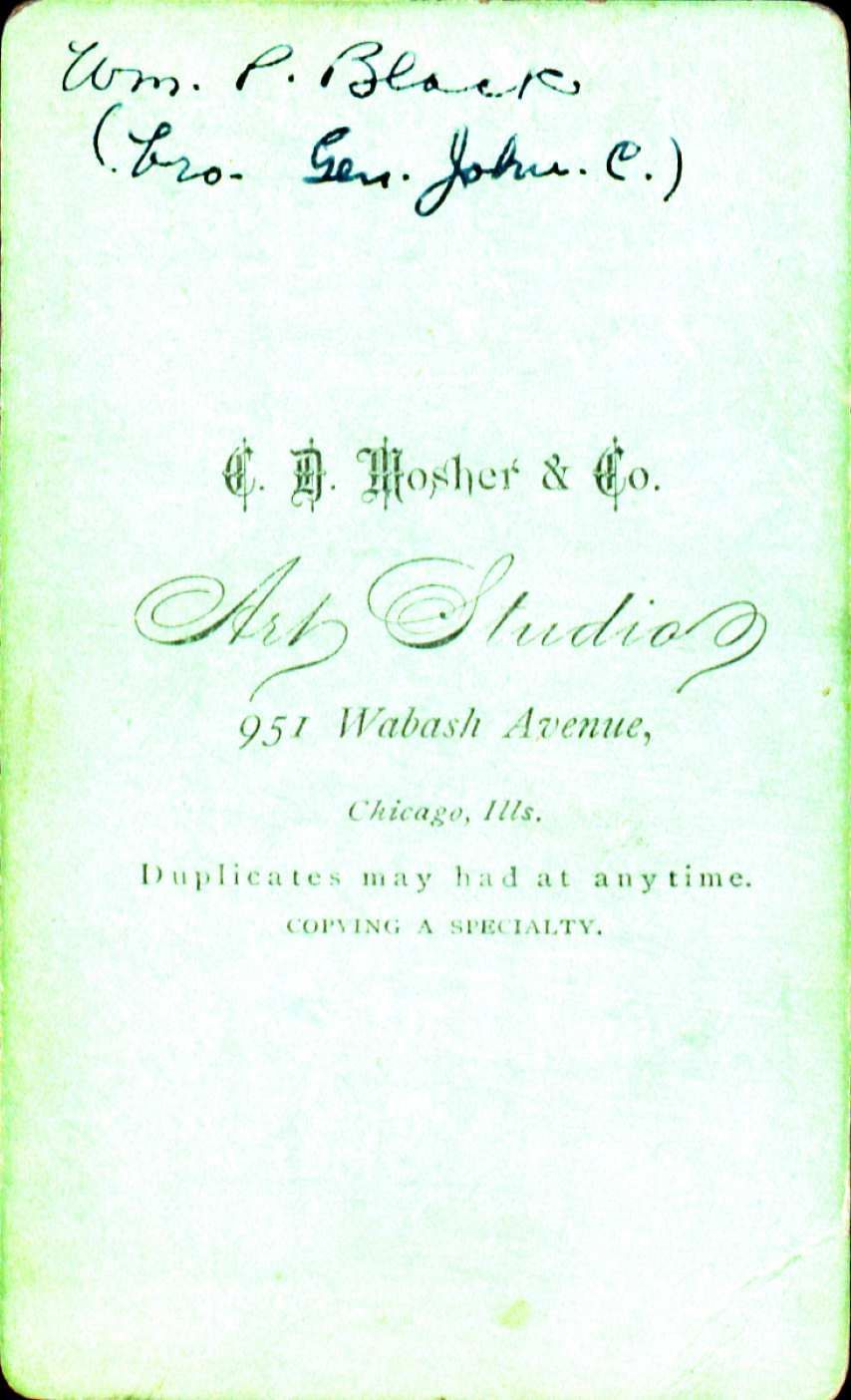 Back of aphoto with the words printed C.D. Mosher  & Co. Ash Studio. 951 Wabash Avenue, Chicago Ills. Duplicate may had at anytime. Copying a specialty