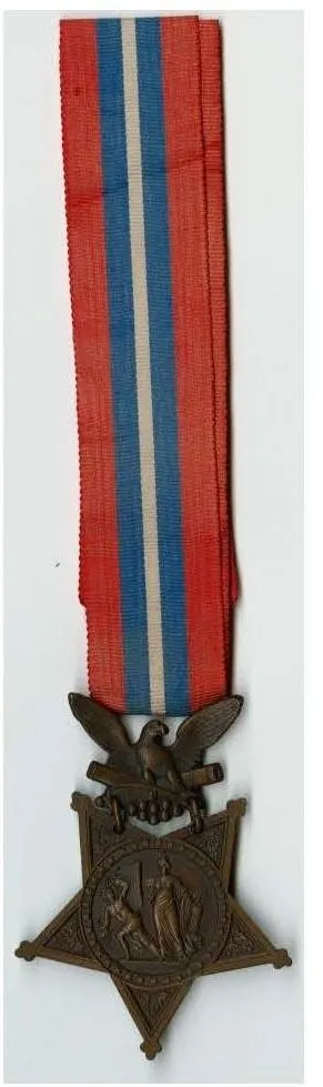 PIcture of a medal of honor. There is a ribbon with red, blue white blue red horizontal strips. a 5 pointed star hangs off the ribbon.